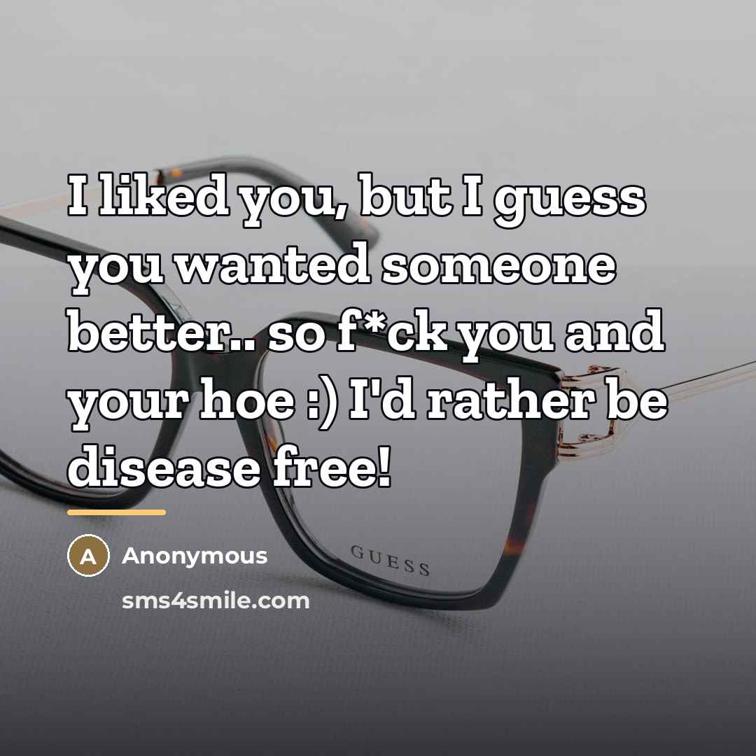 “I liked you, but I guess you wanted someone better.. so f*ck you and your hoe :) I'd rather be disease free!” quote by Anonymous