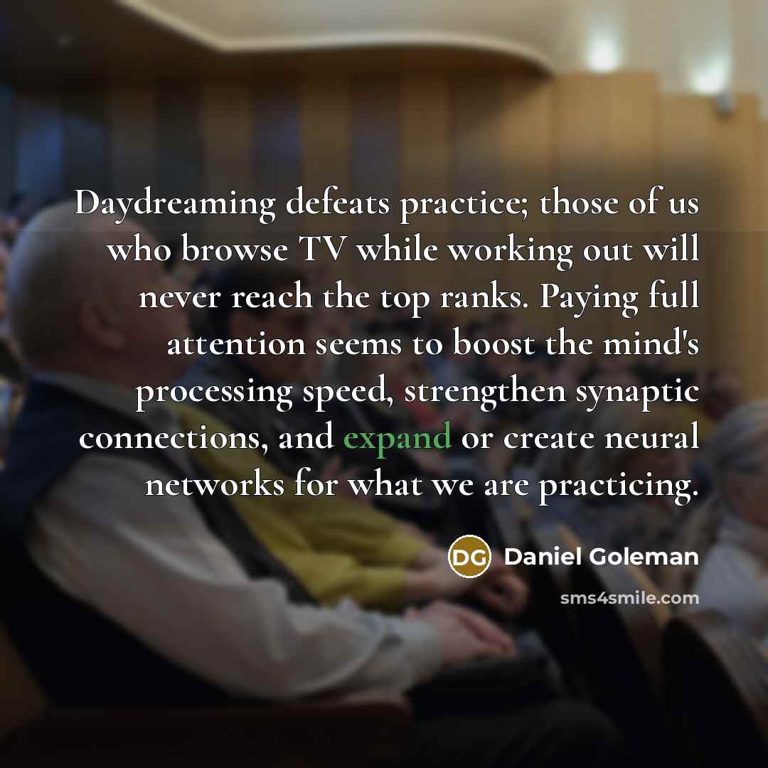“Daydreaming defeats practice; those of us who browse TV while…” quote by Daniel Goleman