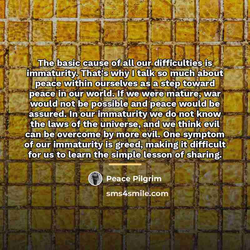 “The basic cause of all our difficulties is immaturity. That's…” quote by Peace Pilgrim