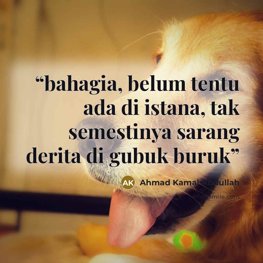 “bahagia, belum tentu ada di istana, tak semestinya sarang derita di gubuk buruk” quote by Ahmad Kamal Abdullah