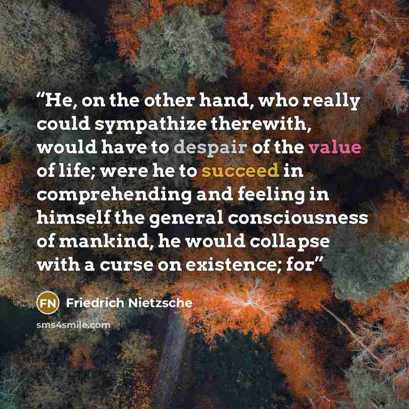 “He, on the other hand, who really could sympathize therewith, would have to despair of the value of life; were he to succeed in comprehending and feeling in himself the general consciousness of mankind, he would collapse with a curse on existence; for” quote by Friedrich Nietzsche