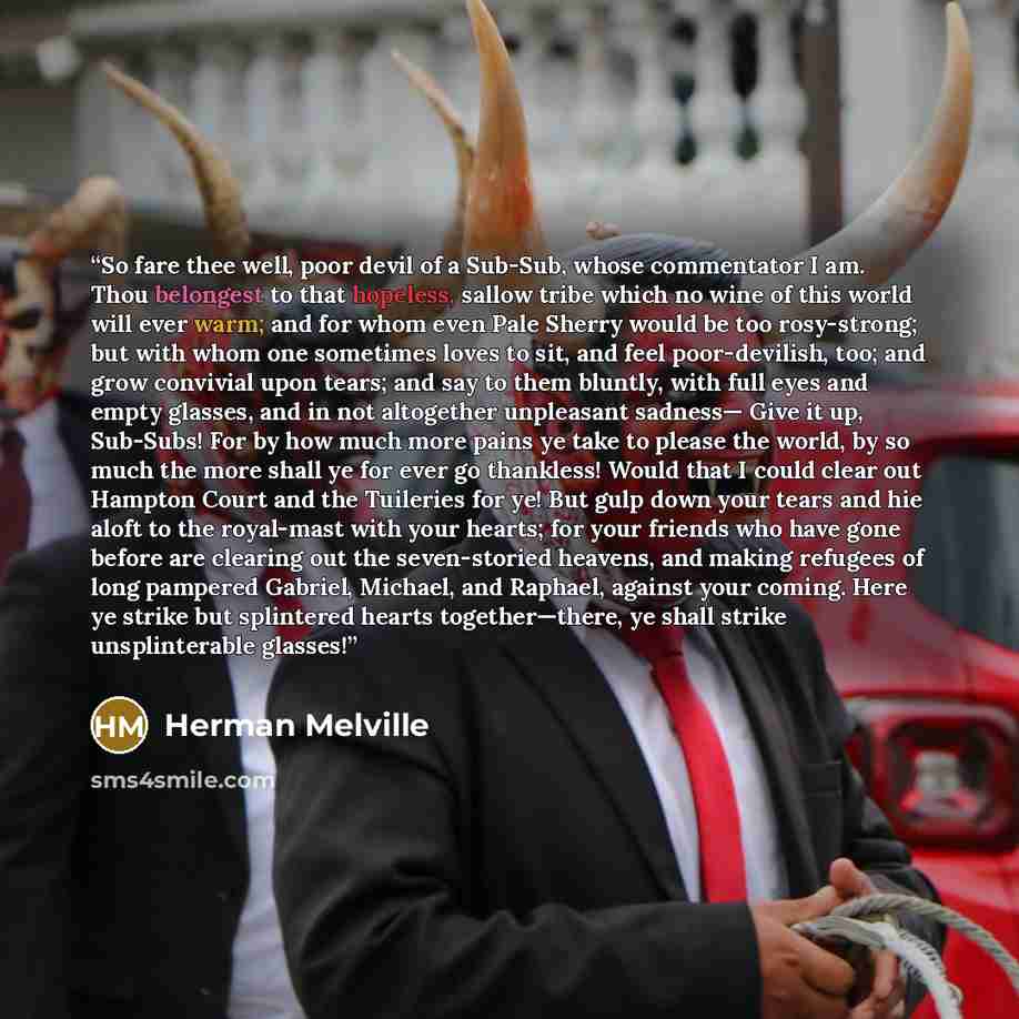 “So fare thee well, poor devil of a Sub-Sub, whose commentator I am. Thou belongest to that hopeless, sallow tribe which no wine of this world will ever warm; and for whom even Pale Sherry would be too rosy-strong; but with whom one sometimes loves to sit, and feel poor-devilish, too; and grow…” quote by Herman Melville