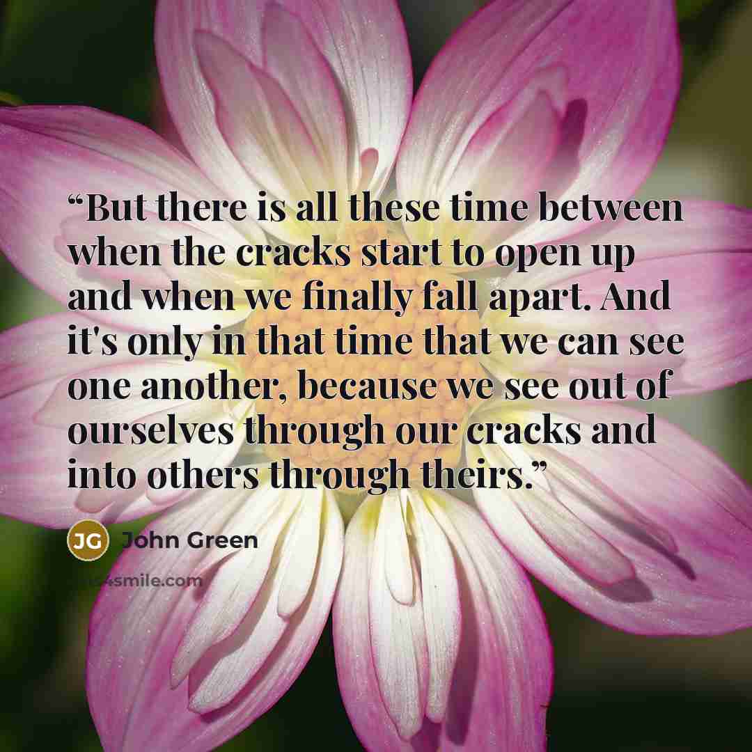 “But there is all these time between when the cracks start to open up and when we finally fall apart. And it's only in that time that we can see one another, because we see out of ourselves through our cracks and into others through theirs.” quote by John Green