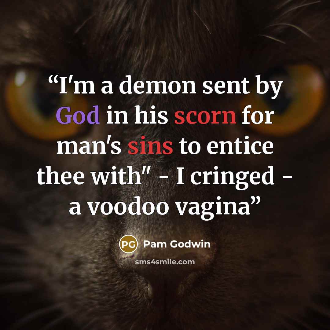 “I'm a demon sent by God in his scorn for man's sins to entice thee with" - I cringed - a voodoo vagina” quote by Pam Godwin