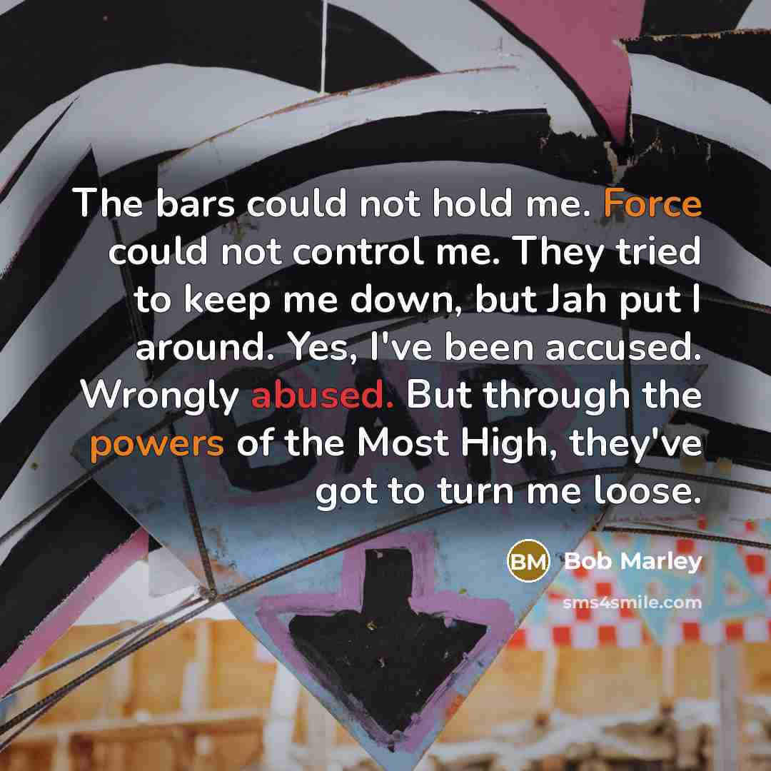 “The bars could not hold me. Force could not control me. They tried to keep me down, but Jah put I around. Yes, I've been accused. Wrongly abused. But through the powers of the Most High, they've got to turn me loose.” quote by Bob Marley