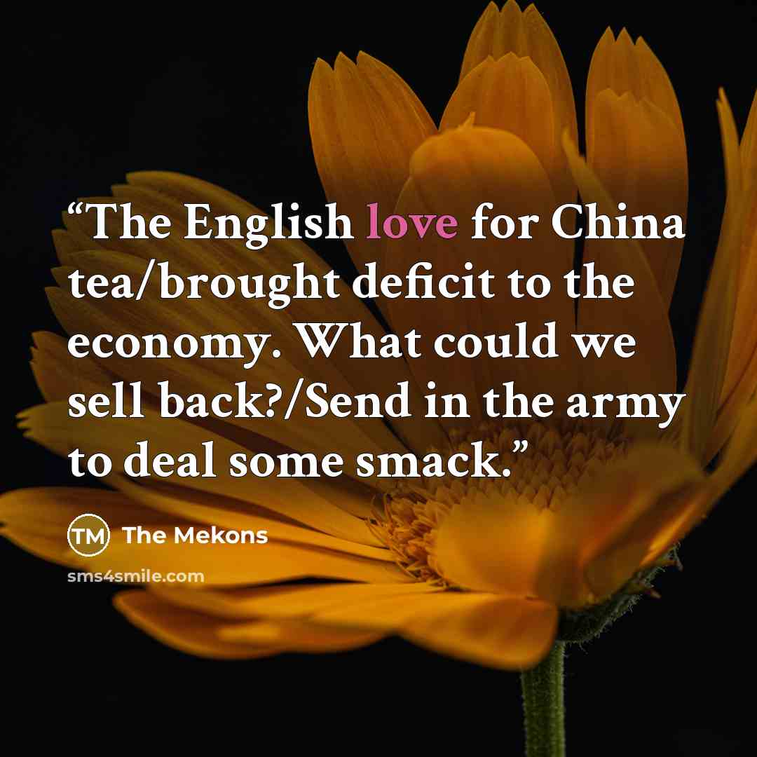 “The English love for China tea/brought deficit to the economy. What could we sell back?/Send in the army to deal some smack.” quote by The Mekons