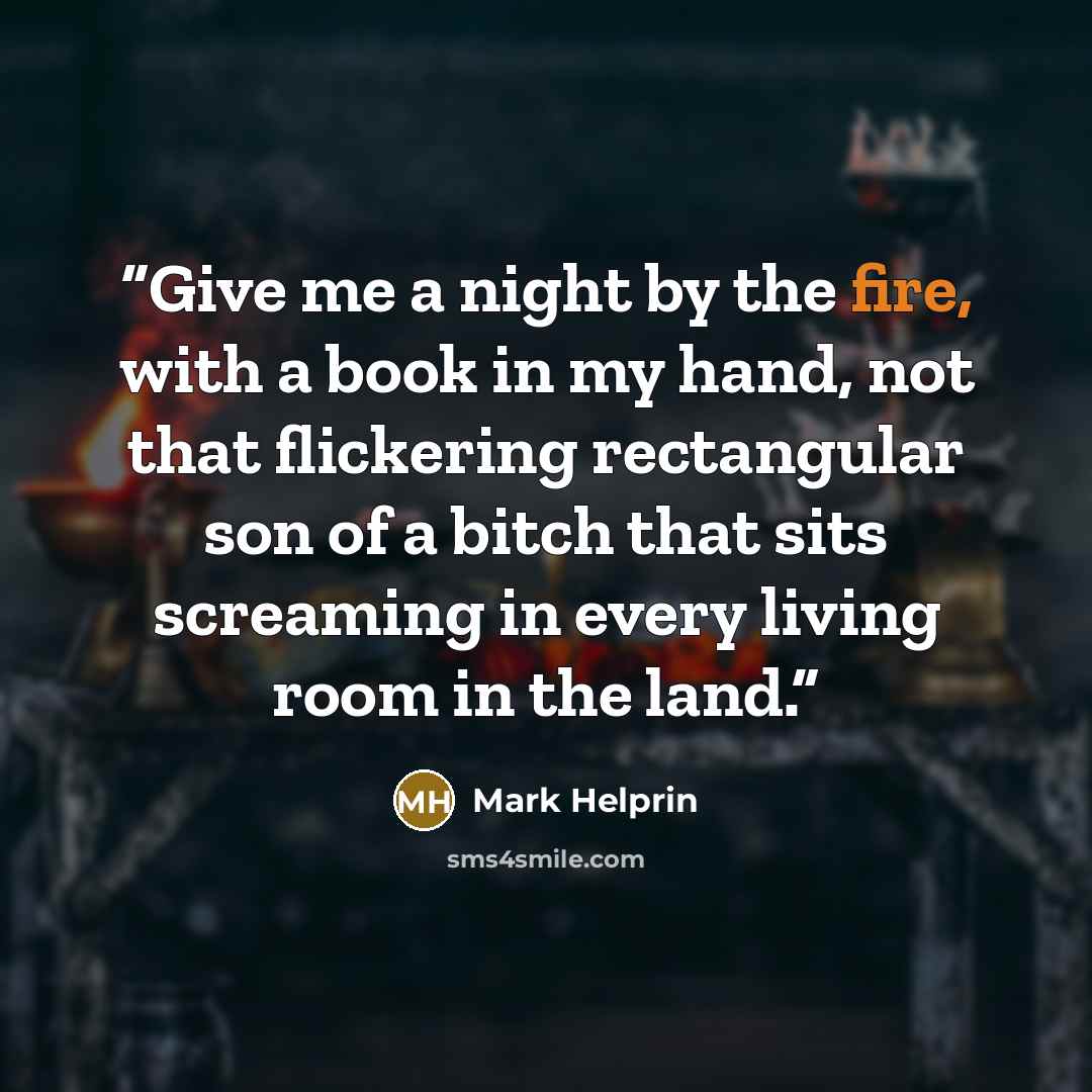 “Give me a night by the fire, with a book in my hand, not that flickering rectangular son of a bitch that sits screaming in every living room in the land.” quote by Mark Helprin