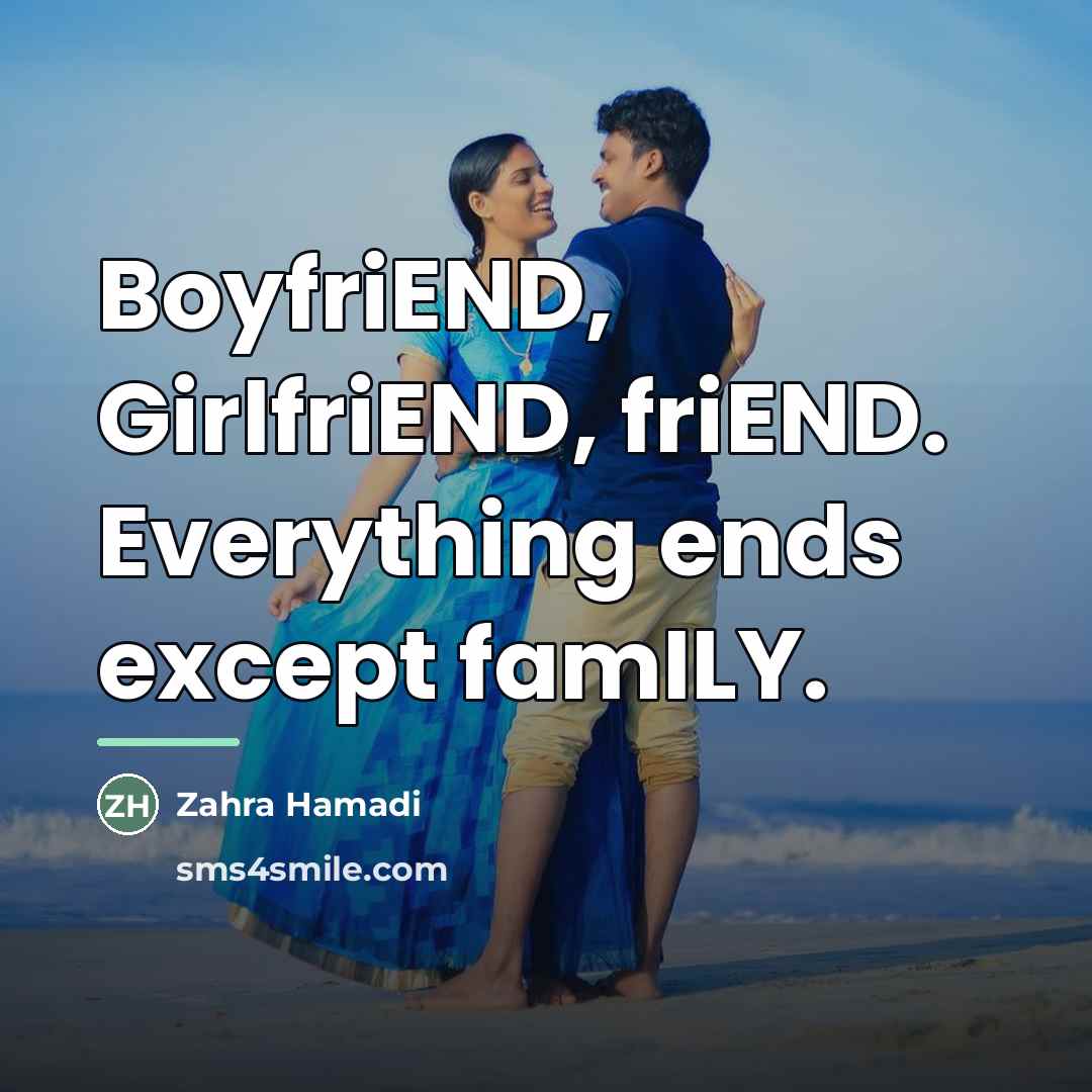 “BoyfriEND, GirlfriEND, friEND. Everything ends except famILY.…” quote by Zahra Hamadi
