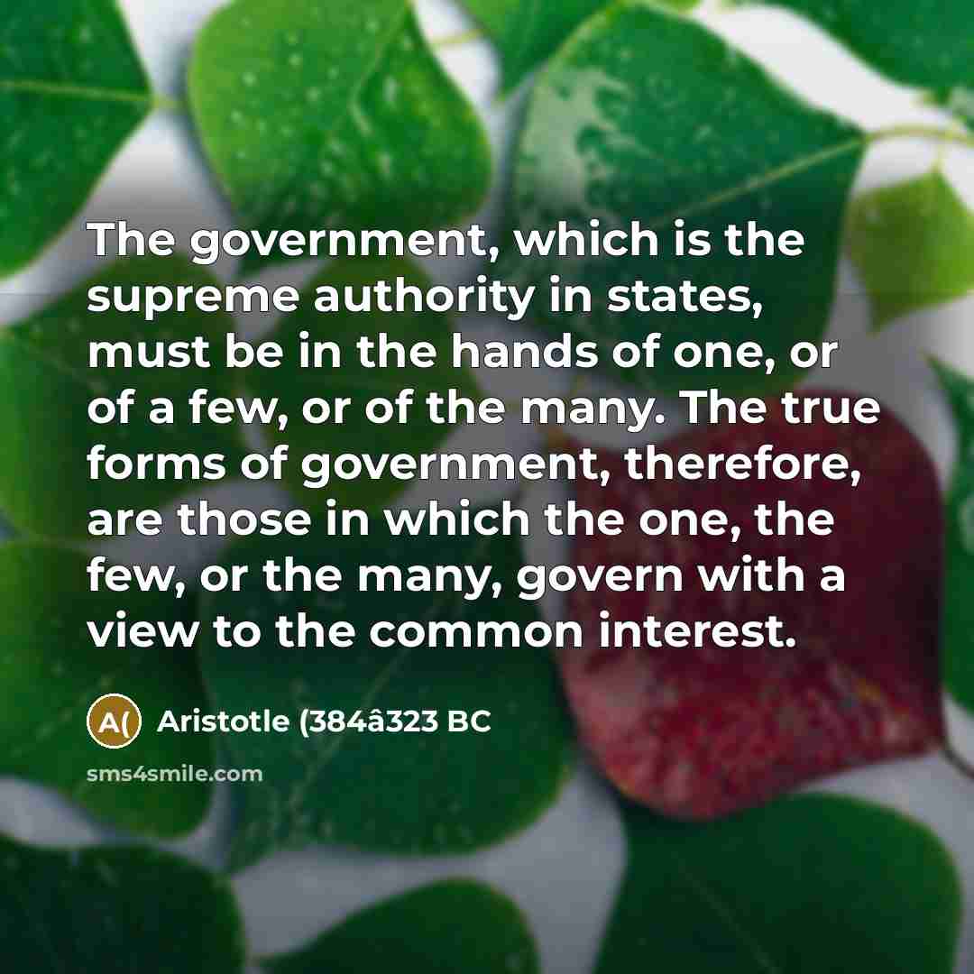 “The government, which is the supreme authority in states, must be in the hands of one, or of a few, or of the many. The true forms of government, therefore, are those in which the one, the few, or the many, govern with a view to the common interest.” quote by Aristotle (384â323 BC