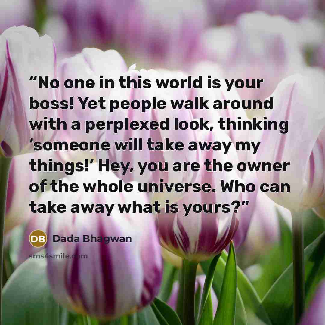 “No one in this world is your boss! Yet people walk around with a perplexed look, thinking ‘someone will take away my things!’ Hey, you are the owner of the whole universe. Who can take away what is yours?” quote by Dada Bhagwan