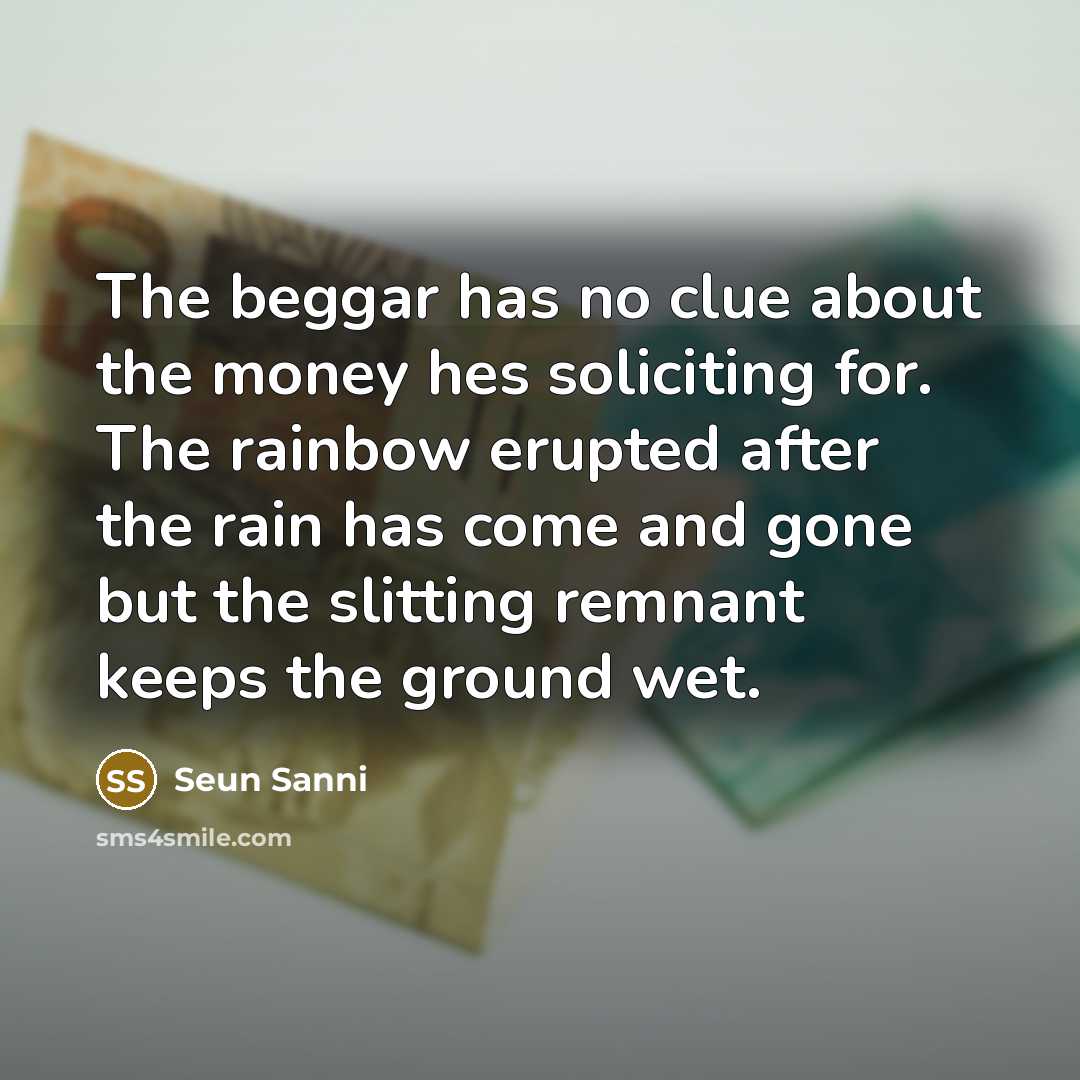 “The beggar has no clue about the money hes soliciting for. The rainbow erupted after the rain has come and gone but the slitting remnant keeps the ground wet.” quote by Seun Sanni