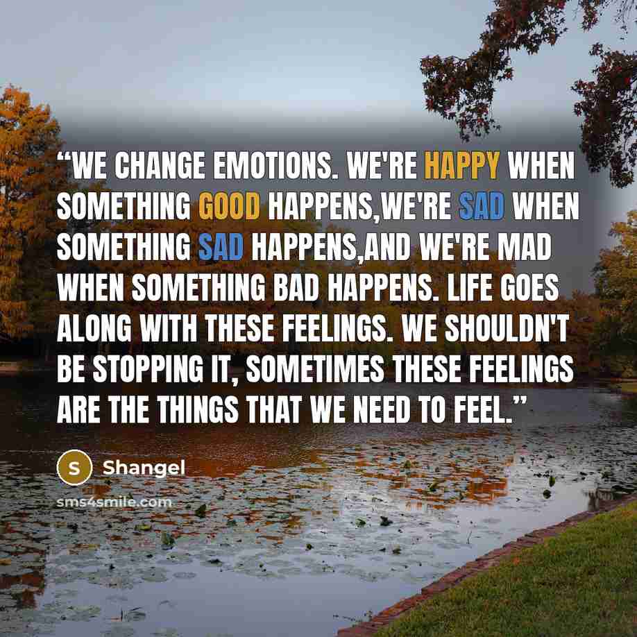 “We change emotions. We're happy when something good happens,we're sad when something sad happens,and we're mad when something bad happens. Life goes along with these feelings. We shouldn't be stopping it, sometimes these feelings are the things that we need to feel.” quote by Shangel