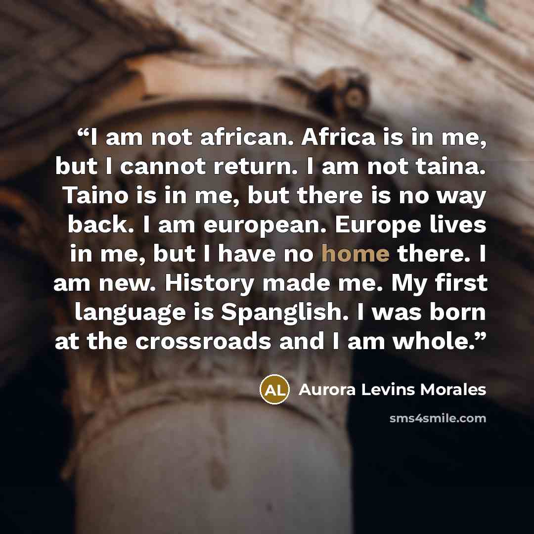 “I am not african. Africa is in me, but I cannot return. I am not taina. Taino is in me, but there is no way back. I am european. Europe lives in me, but I have no home there. I am new. History made me. My first language is Spanglish. I was born at the crossroads and I am whole.” quote by Aurora Levins Morales