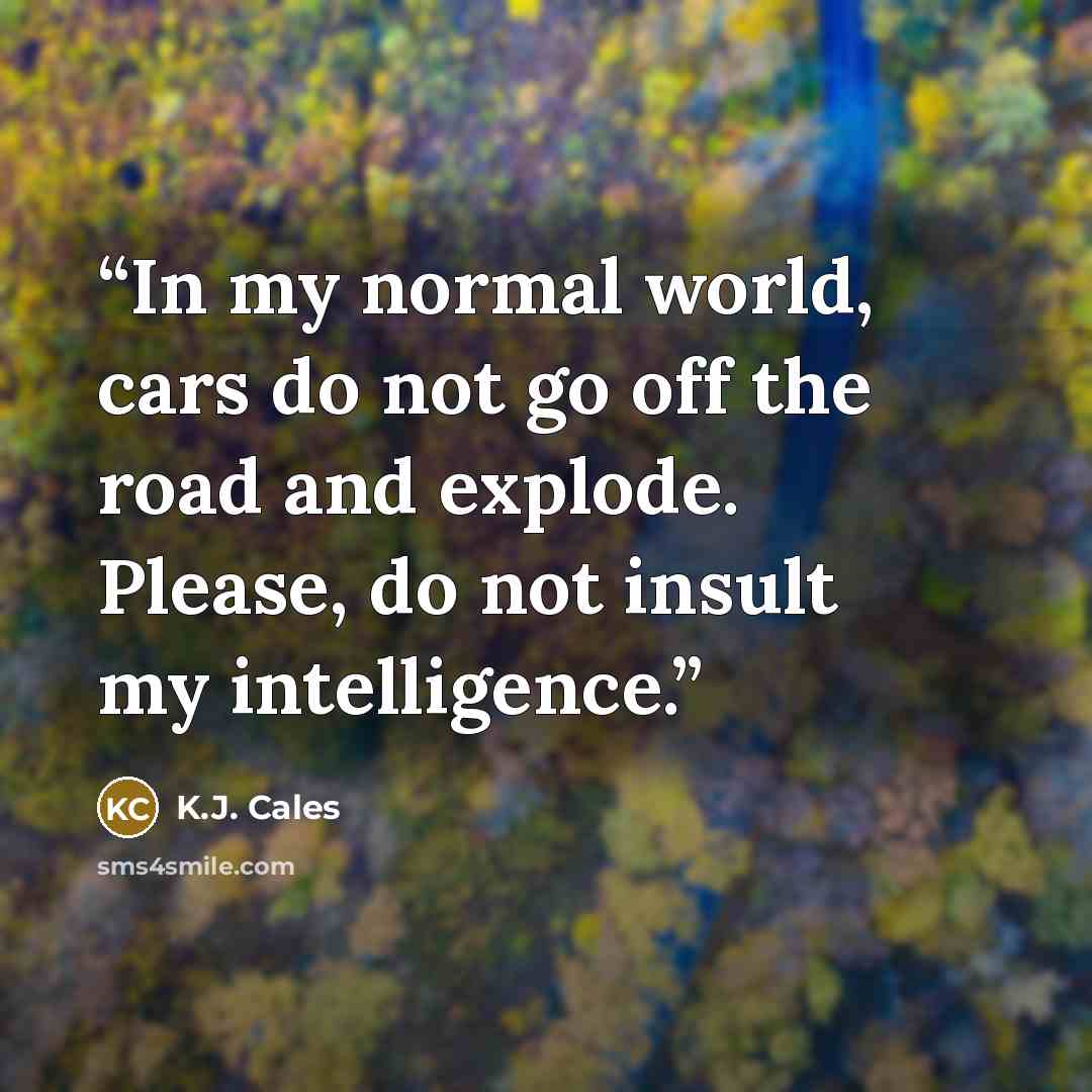 “In my normal world, cars do not go off the road and explode. Please, do not insult my intelligence.” quote by K.J. Cales