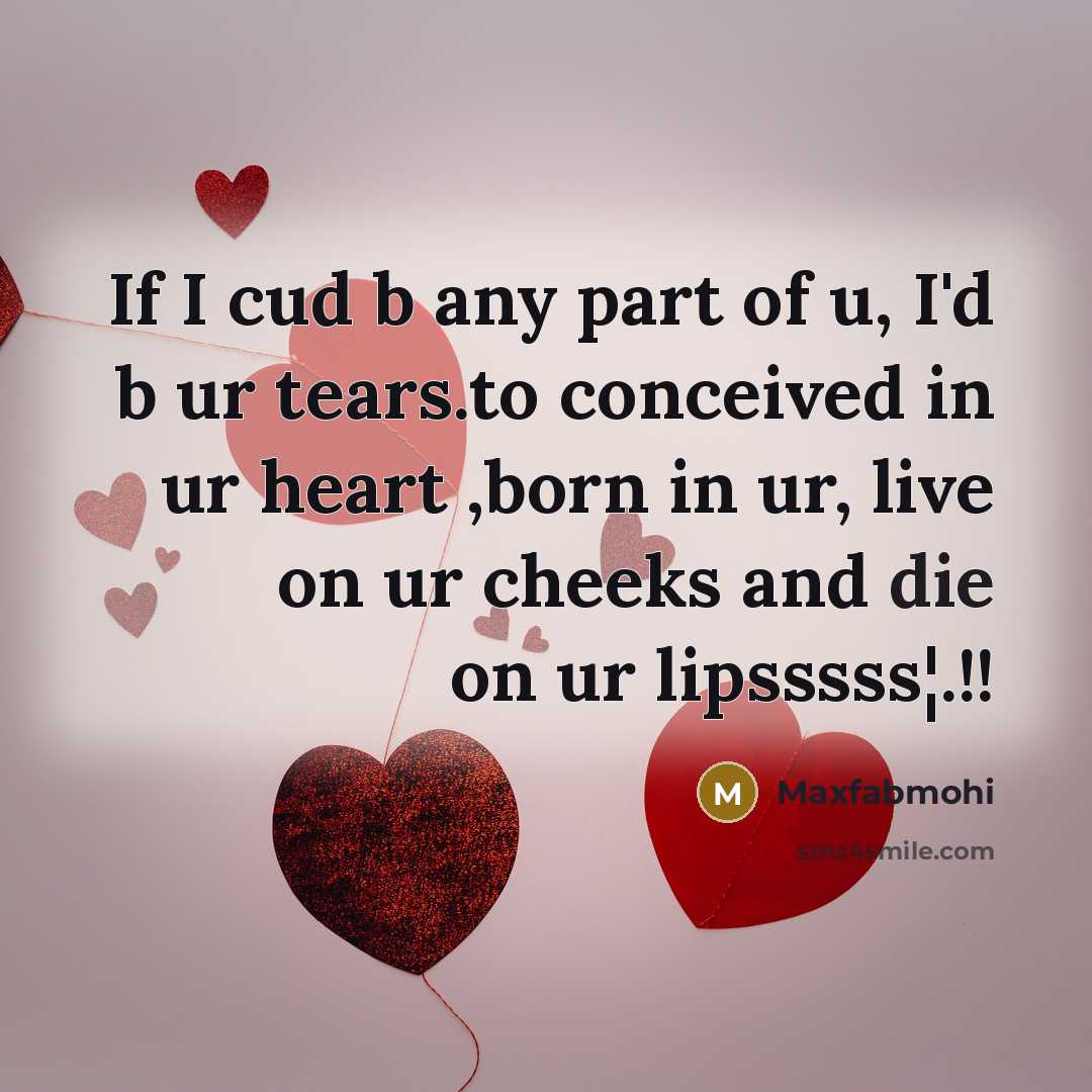 “If I cud b any part of u, I'd b ur tears.to conceived in ur heart ,born in ur, live on ur cheeks and die on ur lipsssss¦.!!” quote by Maxfabmohi
