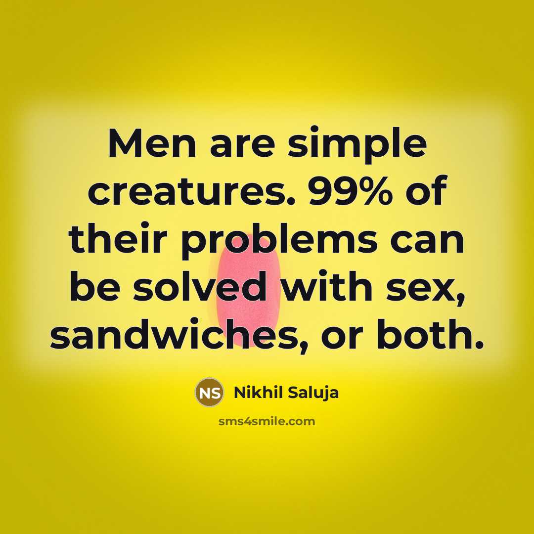 “Men are simple creatures. 99% of their problems can be…” quote by Nikhil Saluja