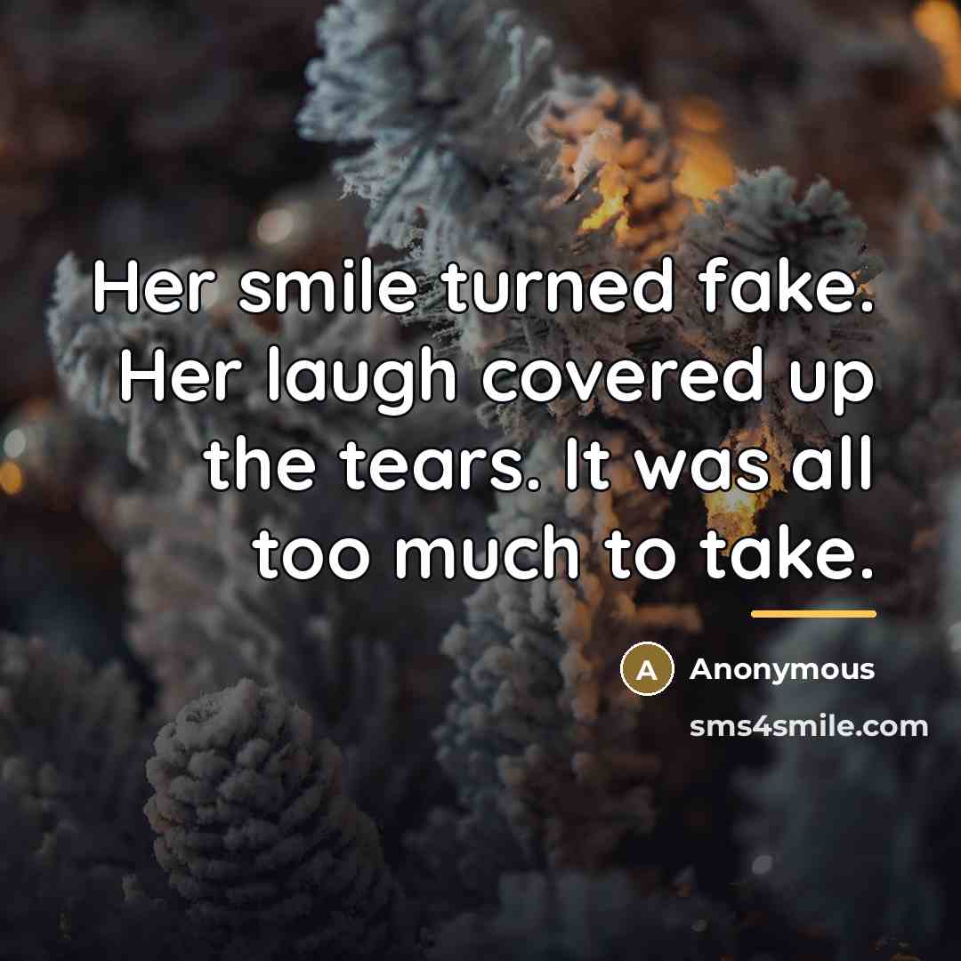“Her smile turned fake. Her laugh covered up the tears. It was all too much to take.” quote by Anonymous