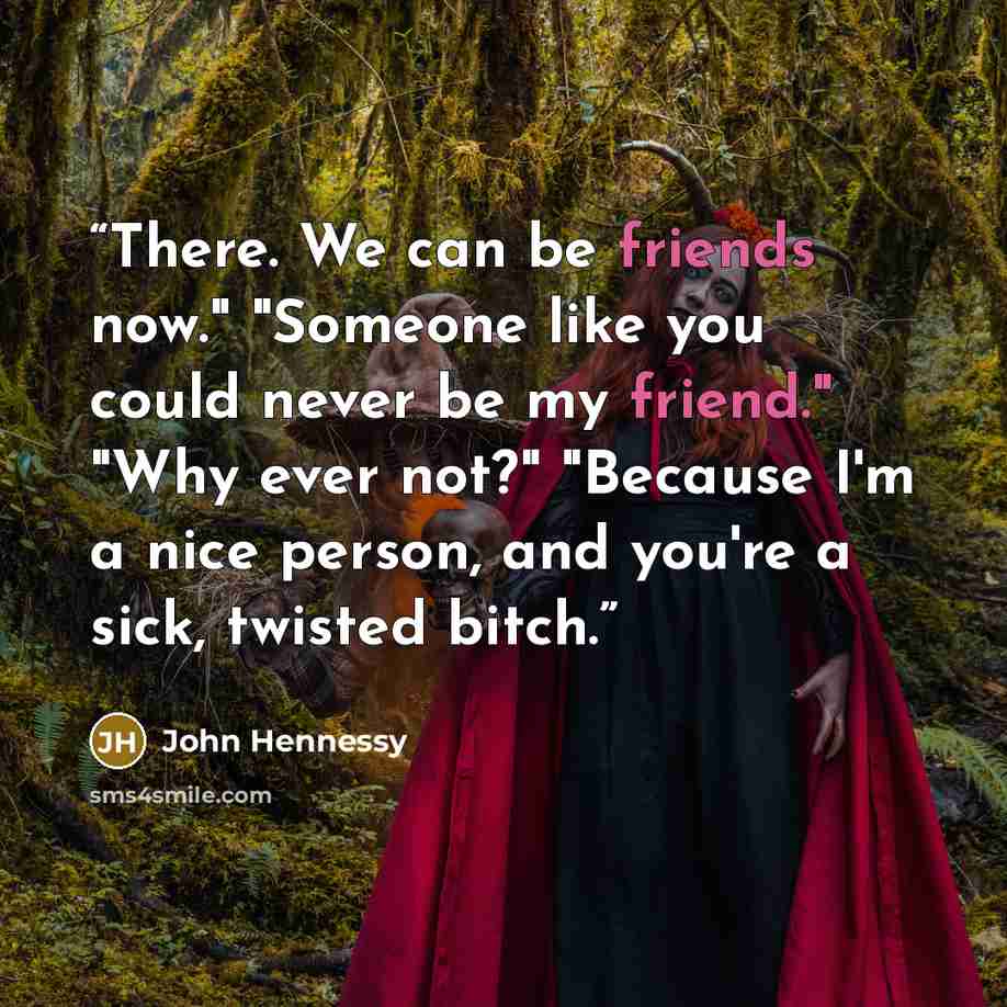 “There. We can be friends now." "Someone like you could never be my friend." "Why ever not?" "Because I'm a nice person, and you're a sick, twisted bitch.” quote by John Hennessy