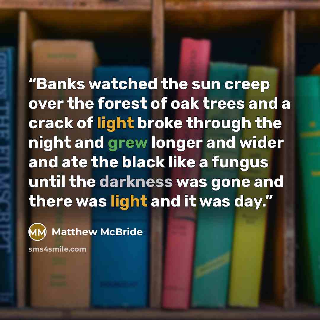 “Banks watched the sun creep over the forest of oak trees and a crack of light broke through the night and grew longer and wider and ate the black like a fungus until the darkness was gone and there was light and it was day.” quote by Matthew McBride