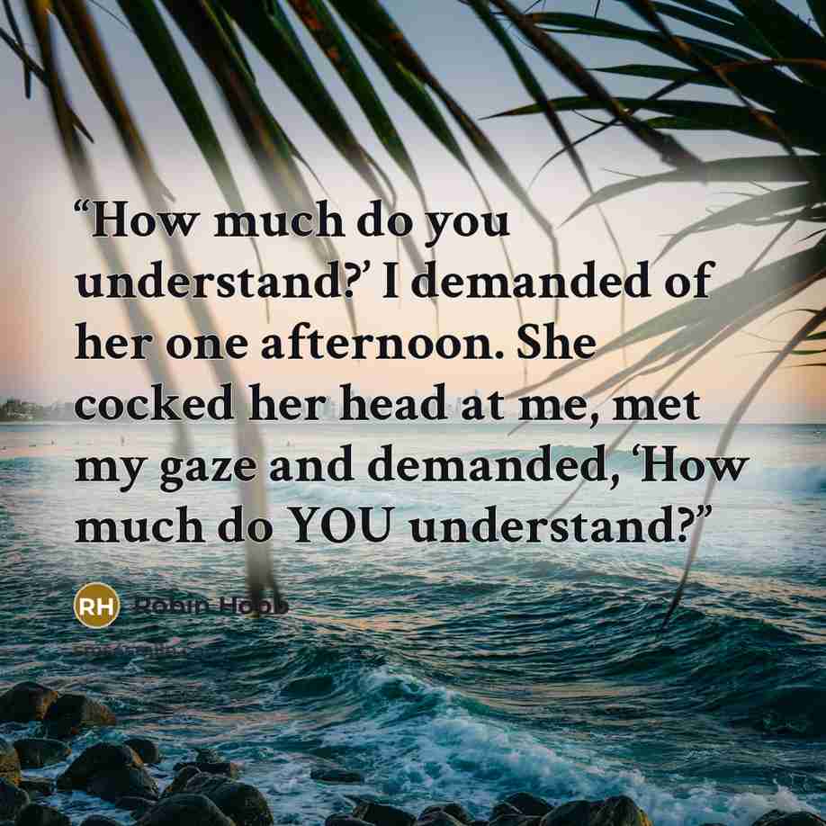 “How much do you understand?’ I demanded of her one afternoon. She cocked her head at me, met my gaze and demanded, ‘How much do YOU understand?” quote by Robin Hobb