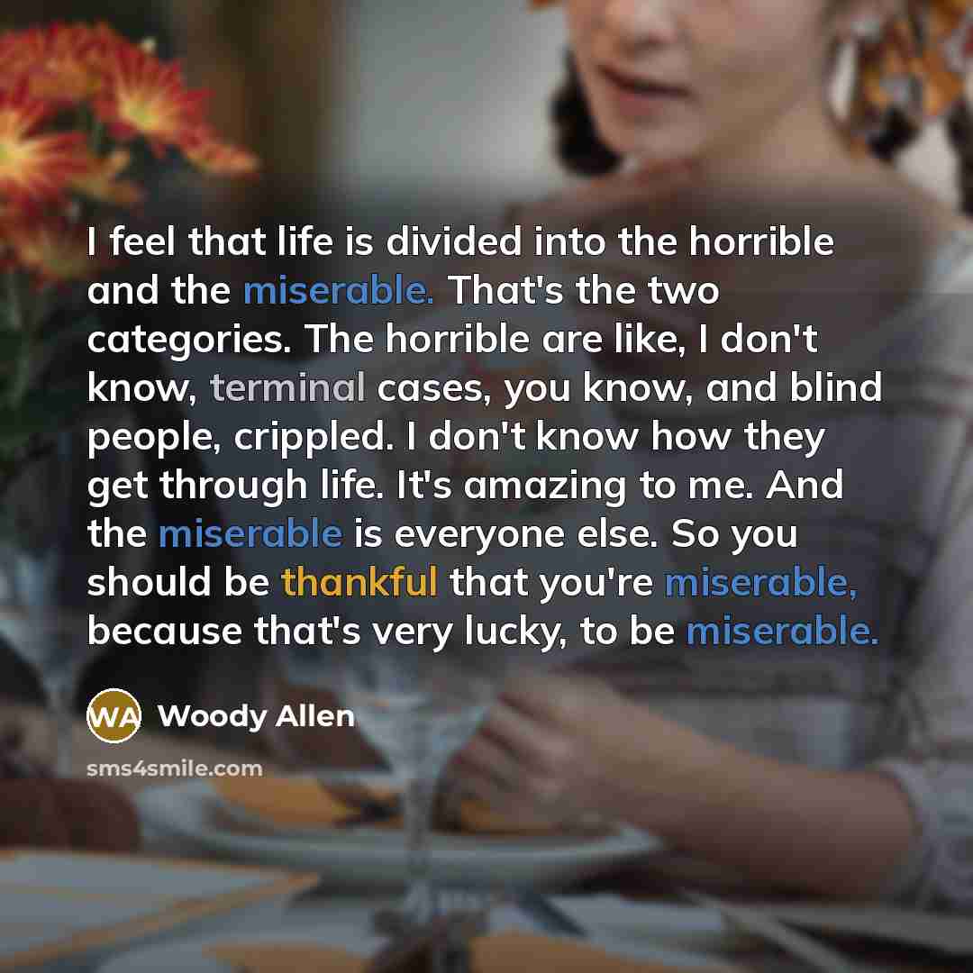 “I feel that life is divided into the horrible and…” quote by Woody Allen