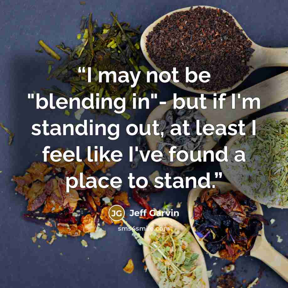 “I may not be "blending in"- but if I'm standing out, at least I feel like I've found a place to stand.” quote by Jeff Garvin