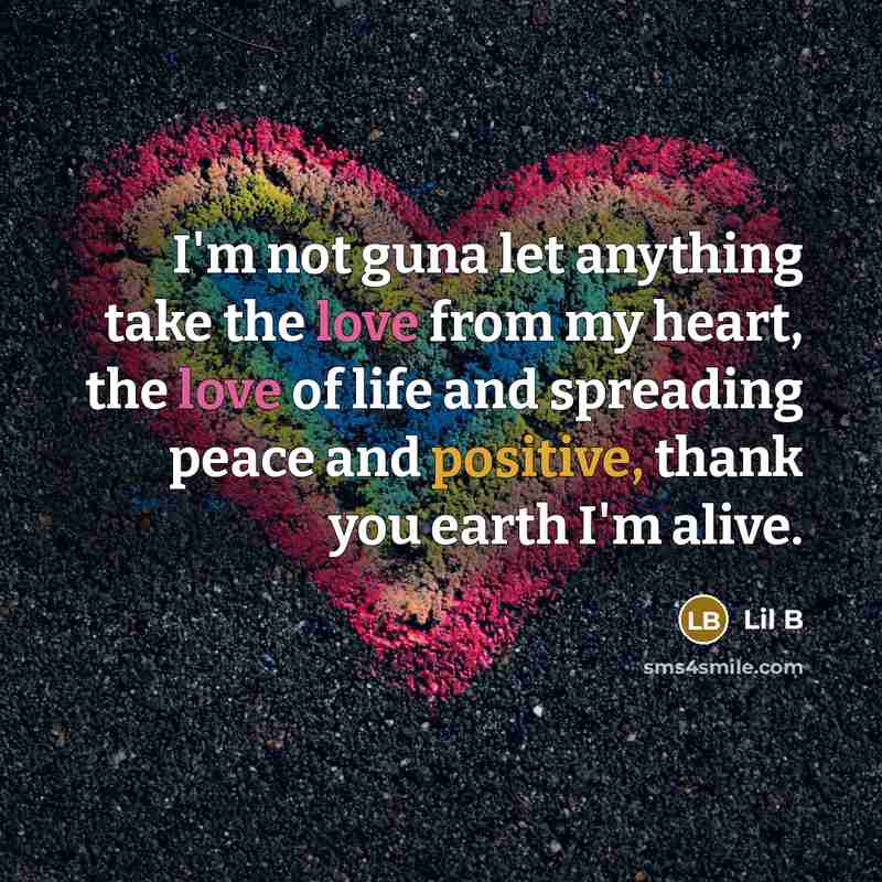 “I'm not guna let anything take the love from my heart, the love of life and spreading peace and positive, thank you earth I'm alive.” quote by Lil B