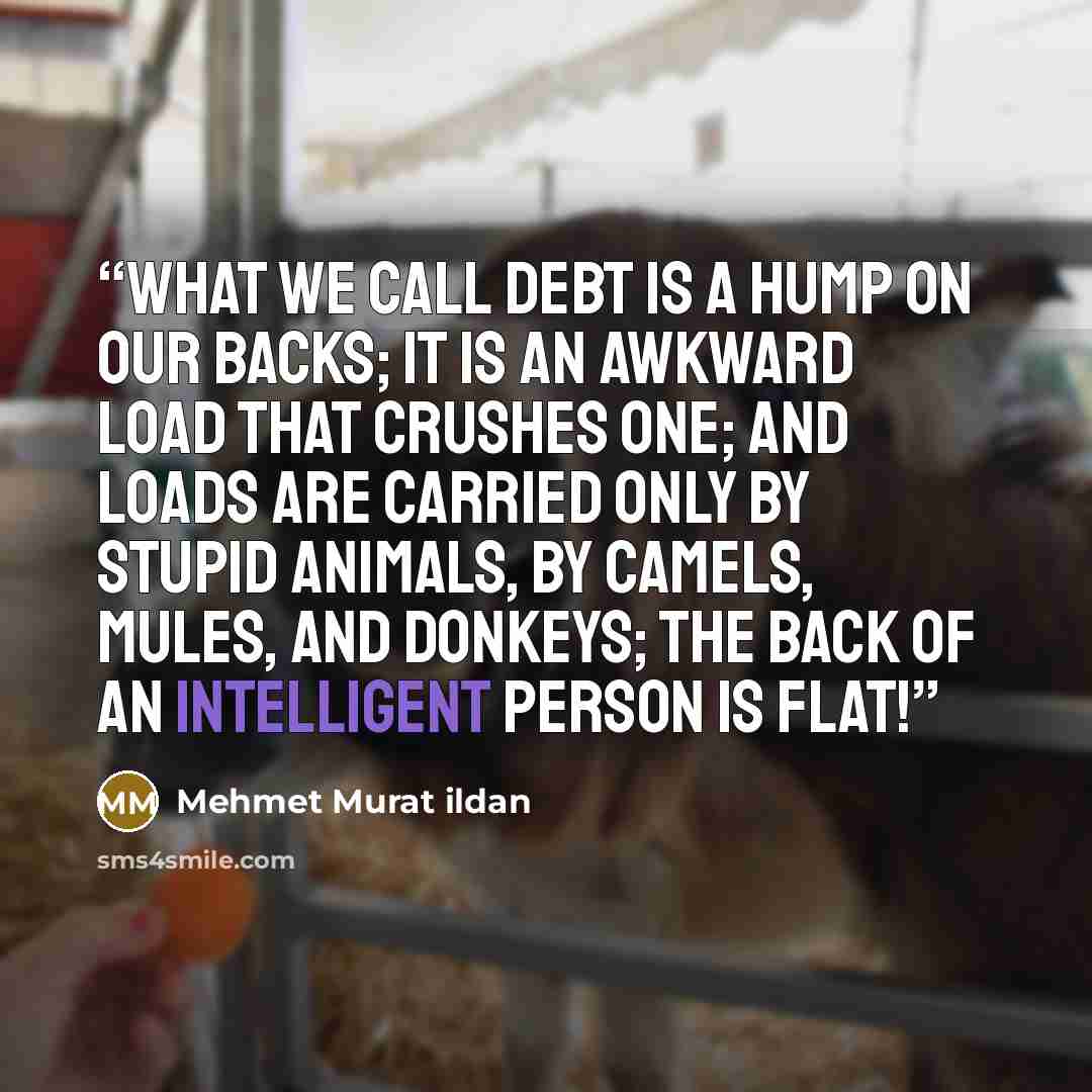 “What we call debt is a hump on our backs; it is an awkward load that crushes one; and loads are carried only by stupid animals, by camels, mules, and donkeys; the back of an intelligent person is flat!” quote by Mehmet Murat ildan