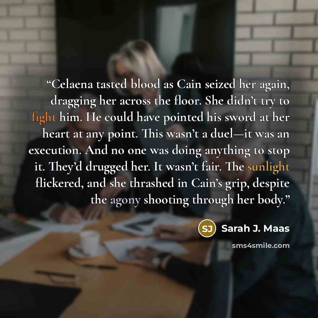 “Celaena tasted blood as Cain seized her again, dragging her across the floor. She didn’t try to fight him. He could have pointed his sword at her heart at any point. This wasn’t a duel—it was an execution. And no one was doing anything to stop it. They’d drugged her. It wasn’t fair. The sunlight…” quote by Sarah J. Maas