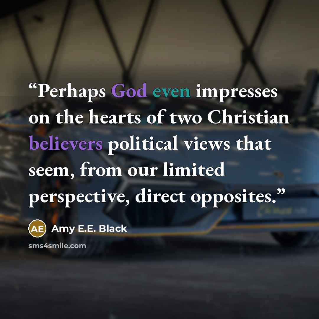 “Perhaps God even impresses on the hearts of two Christian believers political views that seem, from our limited perspective, direct opposites.” quote by Amy E.E. Black