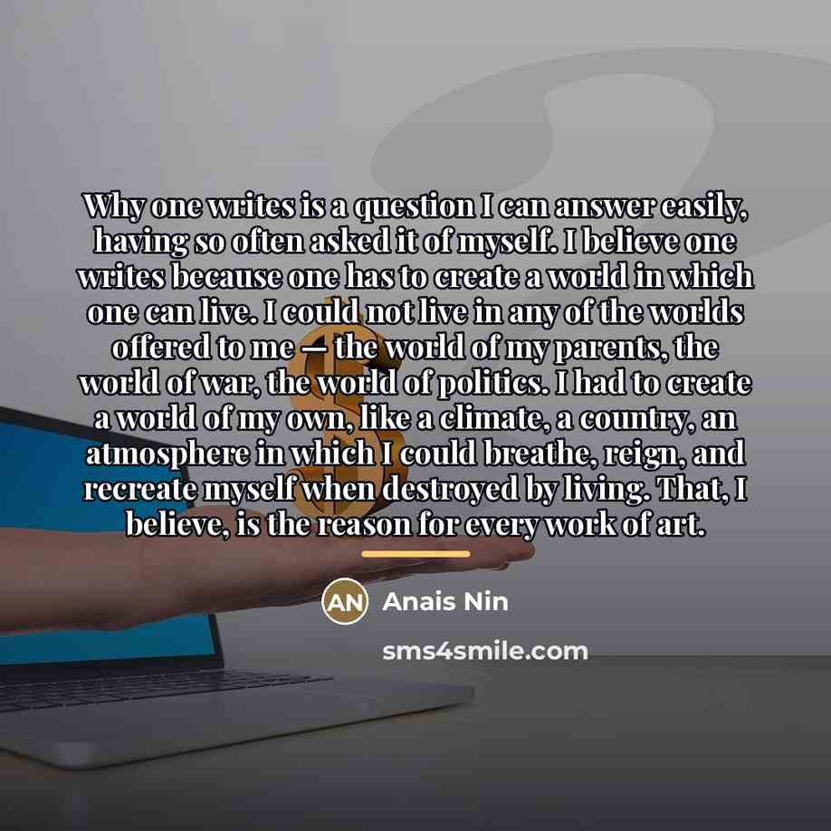 “Why one writes is a question I can answer easily,…” quote by Anais Nin