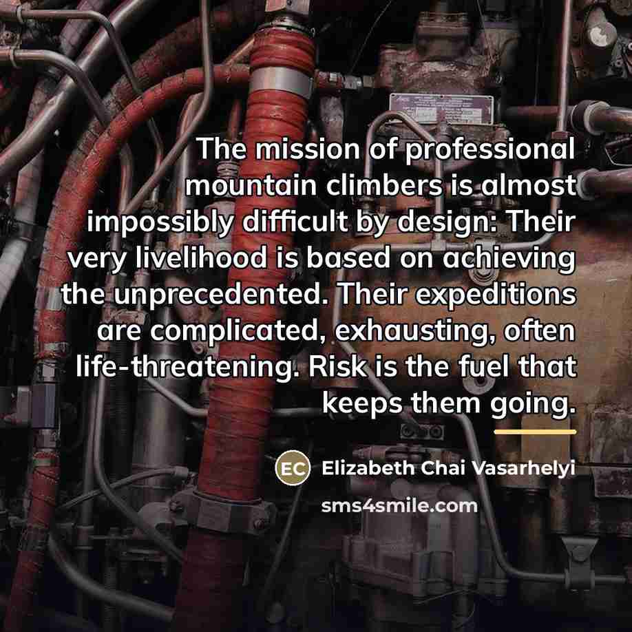 “The mission of professional mountain climbers is almost impossibly difficult…” quote by Elizabeth Chai Vasarhelyi