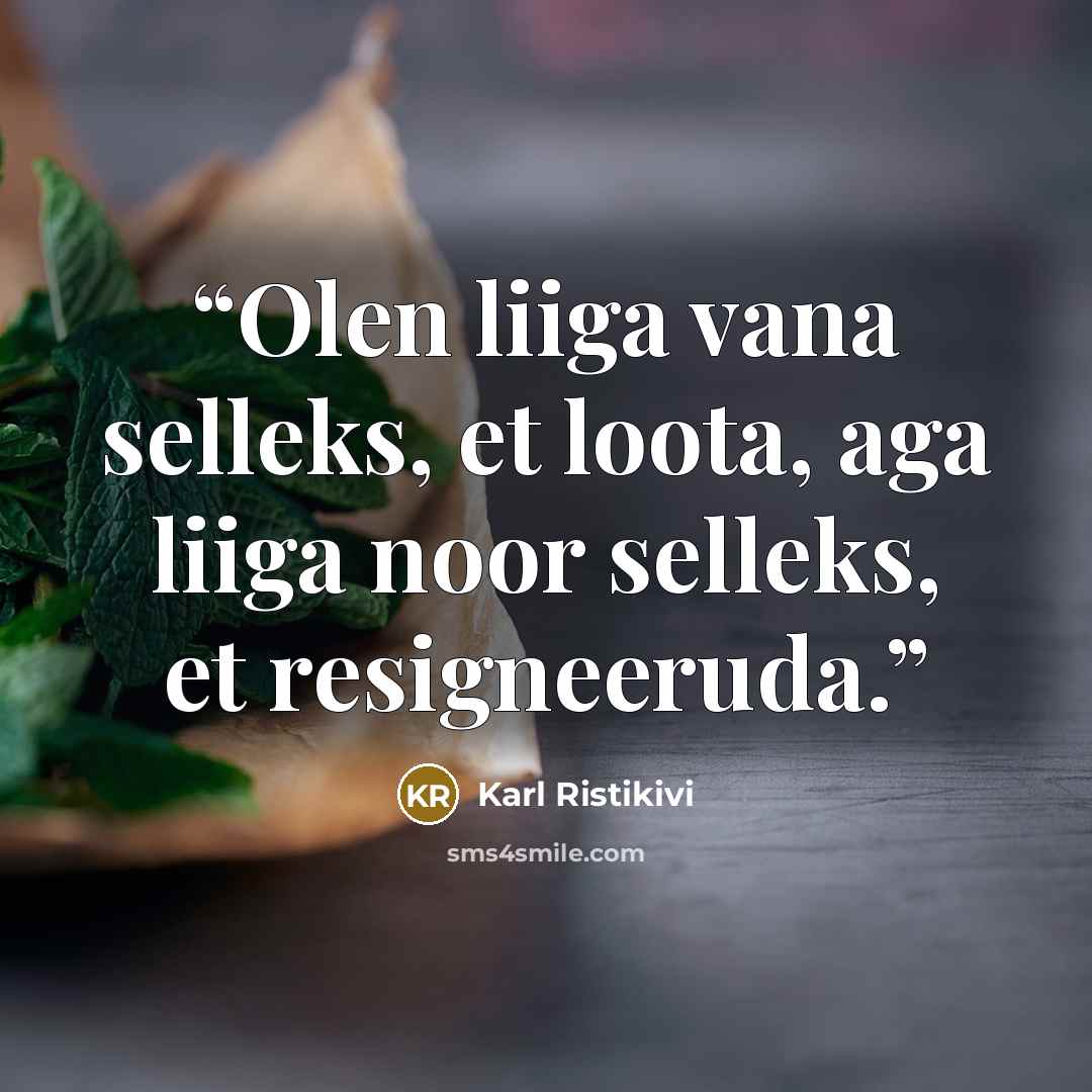 “Olen liiga vana selleks, et loota, aga liiga noor selleks, et resigneeruda.” quote by Karl Ristikivi