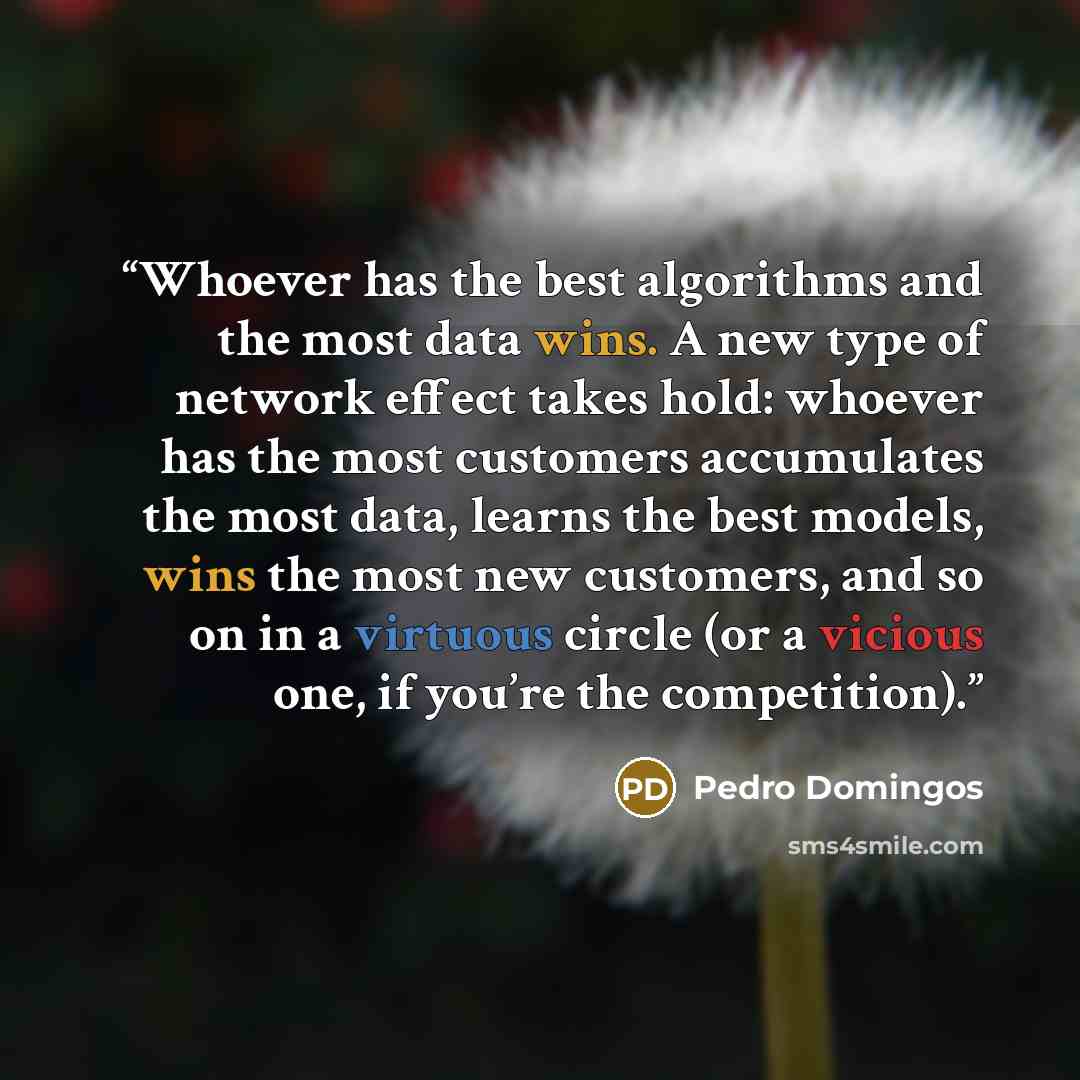 “Whoever has the best algorithms and the most data wins. A new type of network effect takes hold: whoever has the most customers accumulates the most data, learns the best models, wins the most new customers, and so on in a virtuous circle (or a vicious one, if you’re the competition).” quote by Pedro Domingos
