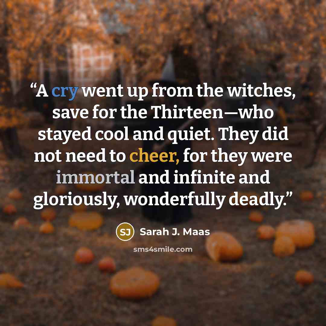 “A cry went up from the witches, save for the Thirteen—­who stayed cool and quiet. They did not need to cheer, for they ­were immortal and infinite and gloriously, wonderfully deadly.” quote by Sarah J. Maas