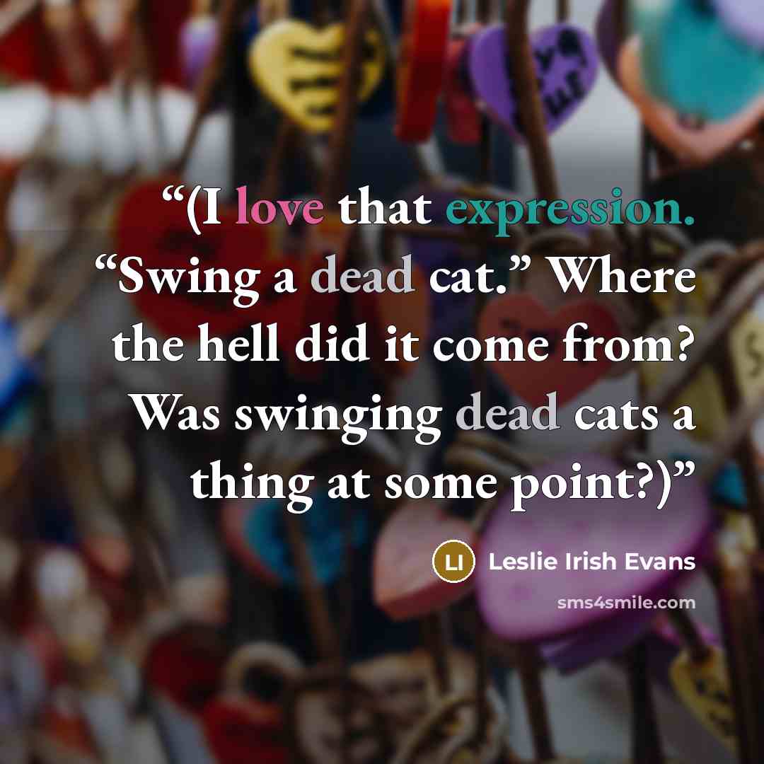 “(I love that expression. “Swing a dead cat.” Where the hell did it come from? Was swinging dead cats a thing at some point?)” quote by Leslie Irish Evans