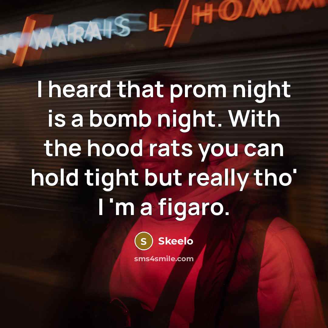 “I heard that prom night is a bomb night. With the hood rats you can hold tight but really tho' I 'm a figaro.” quote by Skeelo