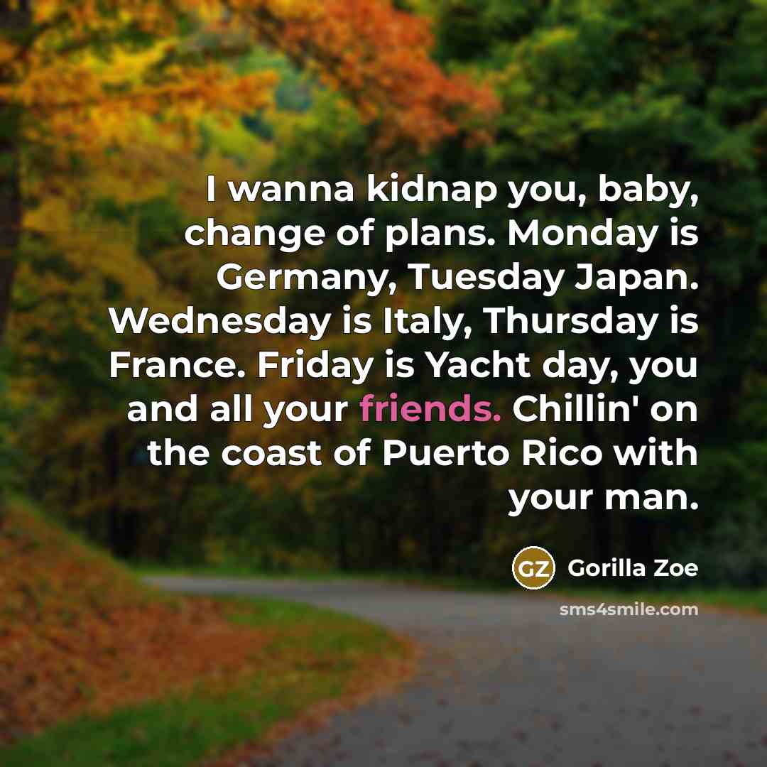 “I wanna kidnap you, baby, change of plans. Monday is…” quote by Gorilla Zoe