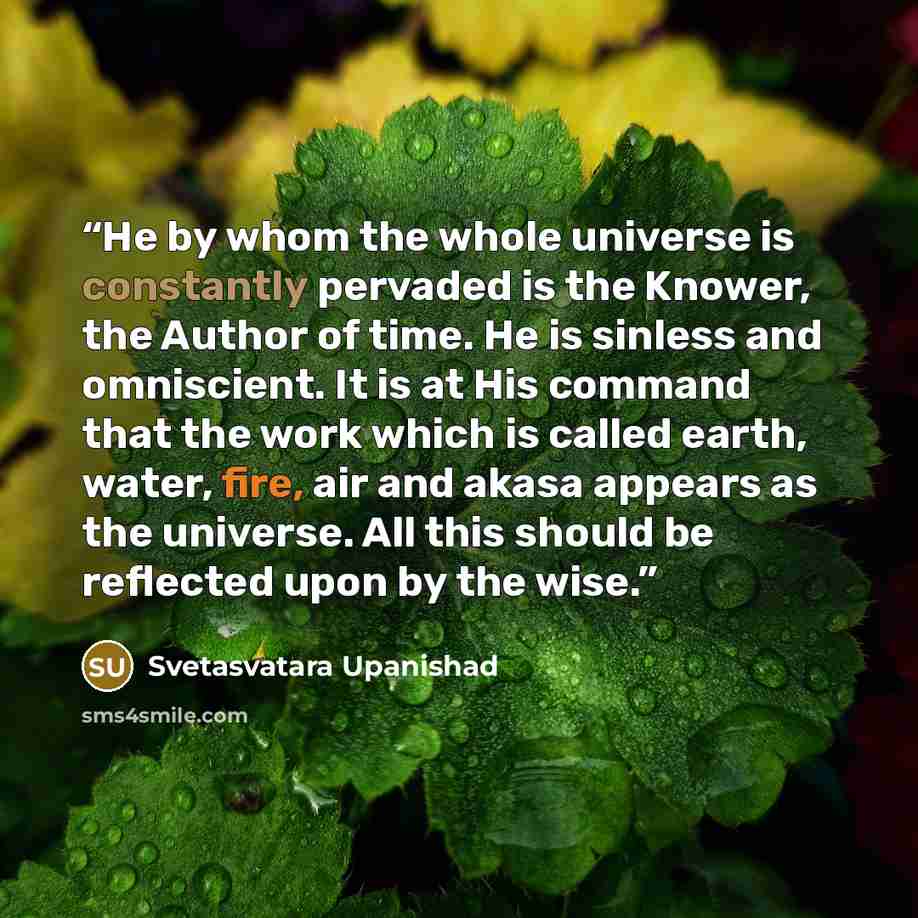 “He by whom the whole universe is constantly pervaded is the Knower, the Author of time. He is sinless and omniscient. It is at His command that the work which is called earth, water, fire, air and akasa appears as the universe. All this should be reflected upon by the wise.” quote by Svetasvatara Upanishad