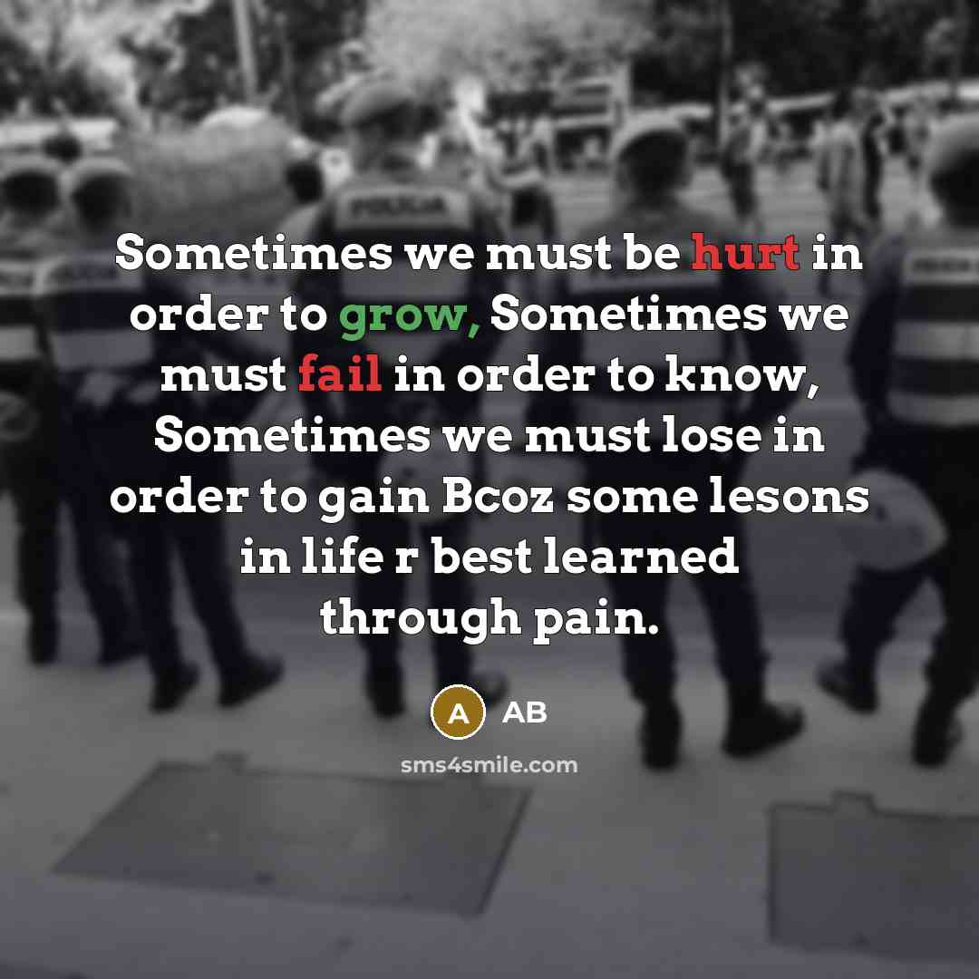 “Sometimes we must be hurt in order to grow, Sometimes we must fail in order to know, Sometimes we must lose in order to gain Bcoz some lesons in life r best learned through pain.” quote by Ab