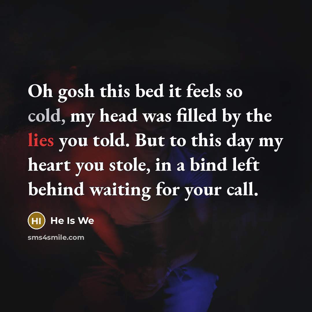 “Oh gosh this bed it feels so cold, my head was filled by the lies you told. But to this day my heart you stole, in a bind left behind waiting for your call.” quote by He Is We