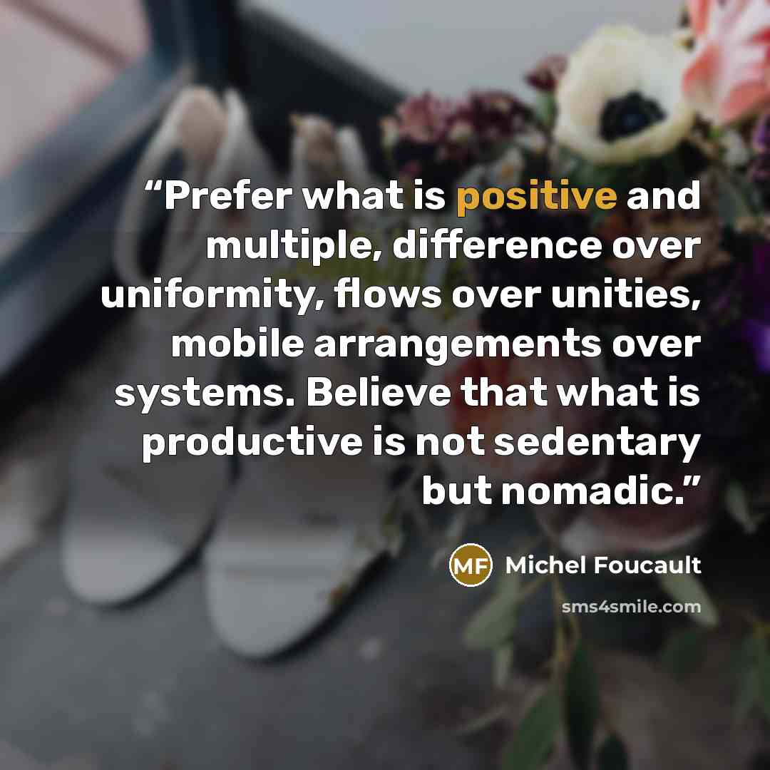 “Prefer what is positive and multiple, difference over uniformity, flows over unities, mobile arrangements over systems. Believe that what is productive is not sedentary but nomadic.” quote by Michel Foucault