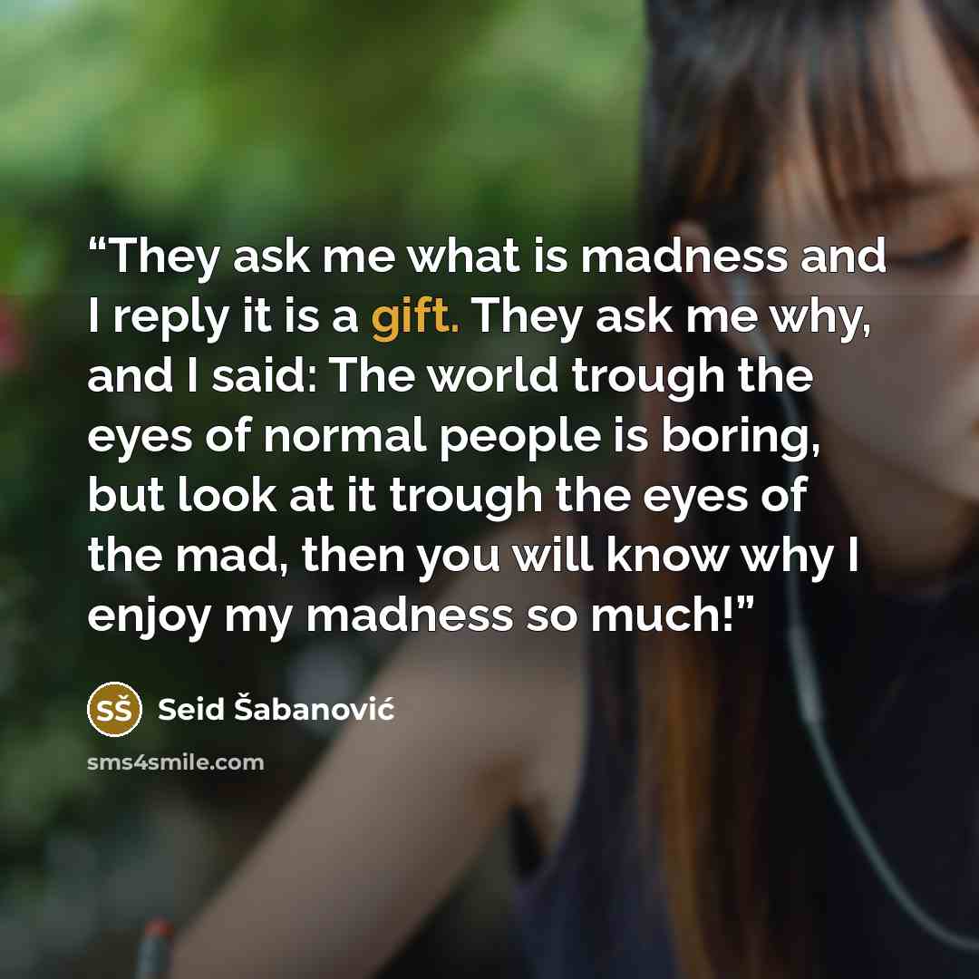 “They ask me what is madness and I reply it is a gift. They ask me why, and I said: The world trough the eyes of normal people is boring, but look at it trough the eyes of the mad, then you will know why I enjoy my madness so much!” quote by Seid Šabanović