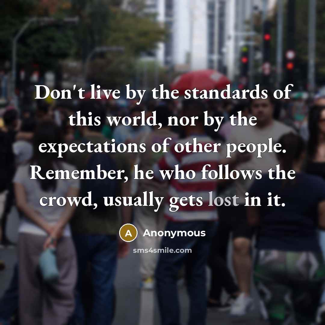 “Don't live by the standards of this world, nor by the expectations of other people. Remember, he who follows the crowd, usually gets lost in it.” quote by Anonymous