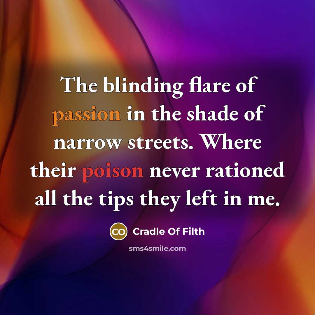 “The blinding flare of passion in the shade of narrow streets. Where their poison never rationed all the tips they left in me.” quote by Cradle Of Filth