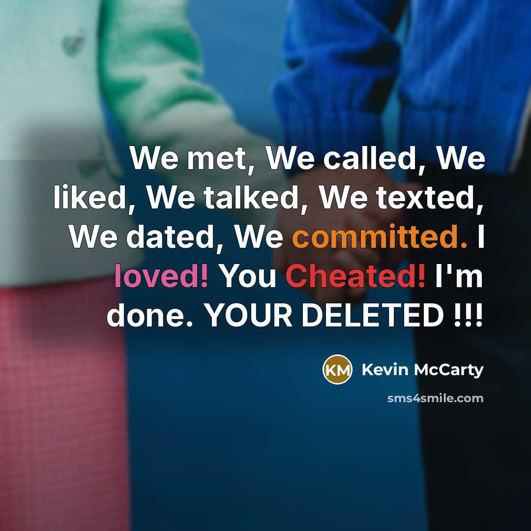 “We met, We called, We liked, We talked, We texted, We dated, We committed. I loved! You Cheated! I'm done. YOUR DELETED !!!” quote by Kevin McCarty