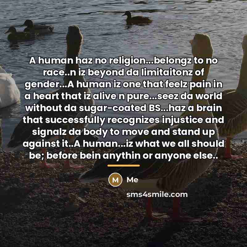 “A human haz no religion...belongz to no race..n iz beyond da limitaitonz of gender...A human iz one that feelz pain in a heart that iz alive n pure...seez da world without da sugar-coated BS...haz a brain that successfully recognizes injustice and signalz da body to move and stand up against it..A…” quote by Me