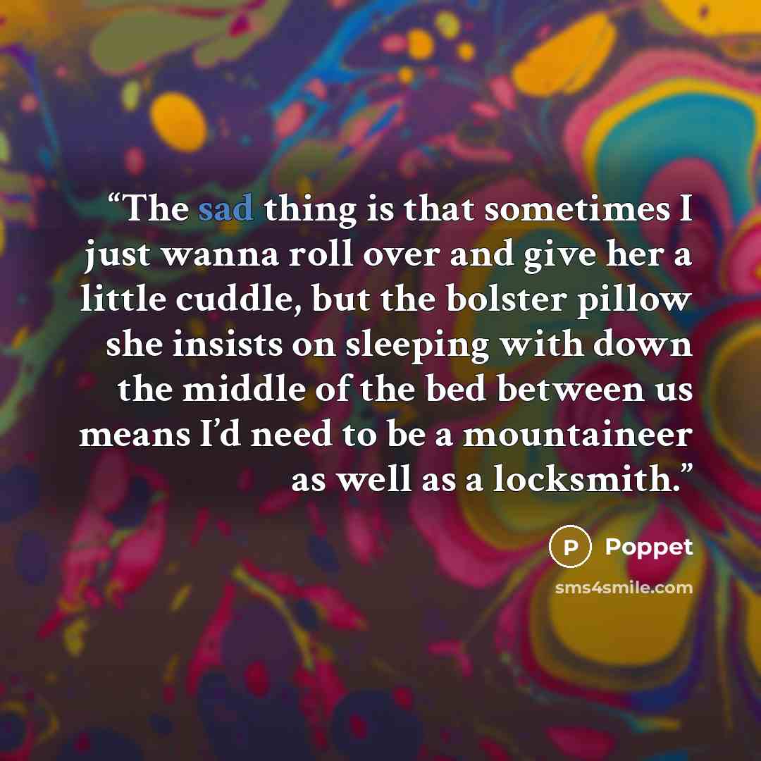 “The sad thing is that sometimes I just wanna roll over and give her a little cuddle, but the bolster pillow she insists on sleeping with down the middle of the bed between us means I’d need to be a mountaineer as well as a locksmith.” quote by Poppet