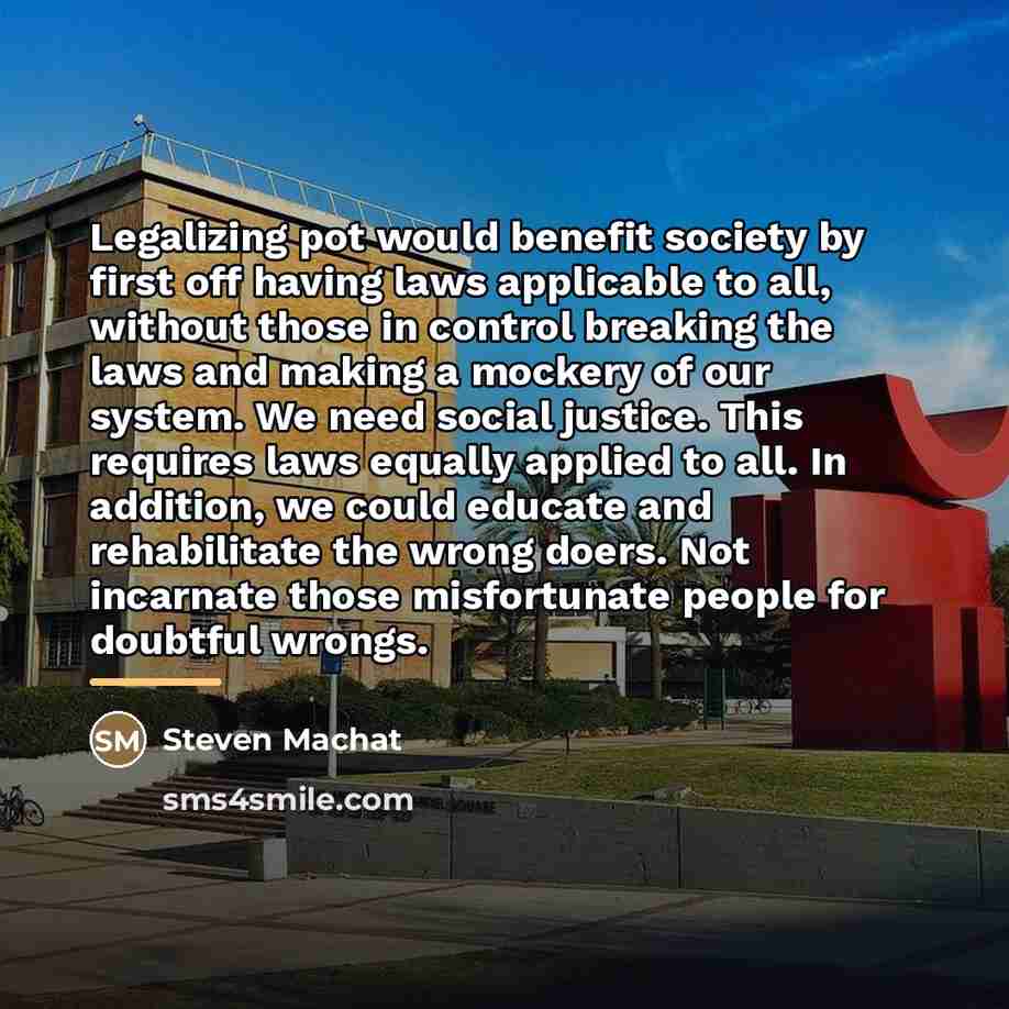 “Legalizing pot would benefit society by first off having laws…” quote by Steven Machat