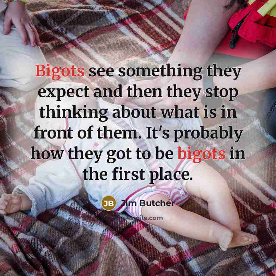 “Bigots see something they expect and then they stop thinking about what is in front of them. It's probably how they got to be bigots in the first place.” quote by Jim Butcher